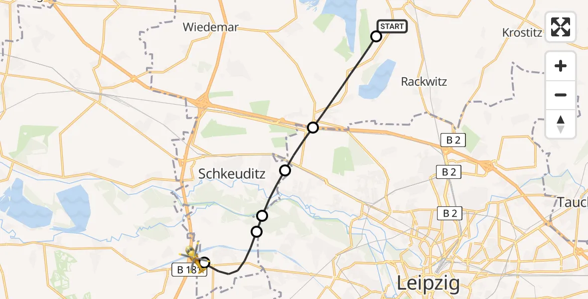 Flugroute Rettungshubschrauber Rackwitz - ADAC Air Rescue Station Leipzig/Schkeuditz-Dölzig Hubschrauberlandeplatz (Christoph 61), 17 Mai 2026, 19:34