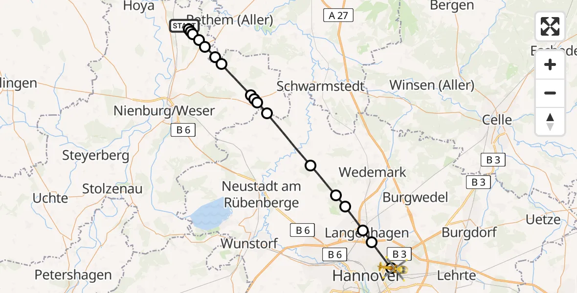 Flugroute Rettungshubschrauber Eystrup - Hannover Luftrettung Hubschrauberlandeplatz (Christoph 4), 17 Mai 2026, 19:37