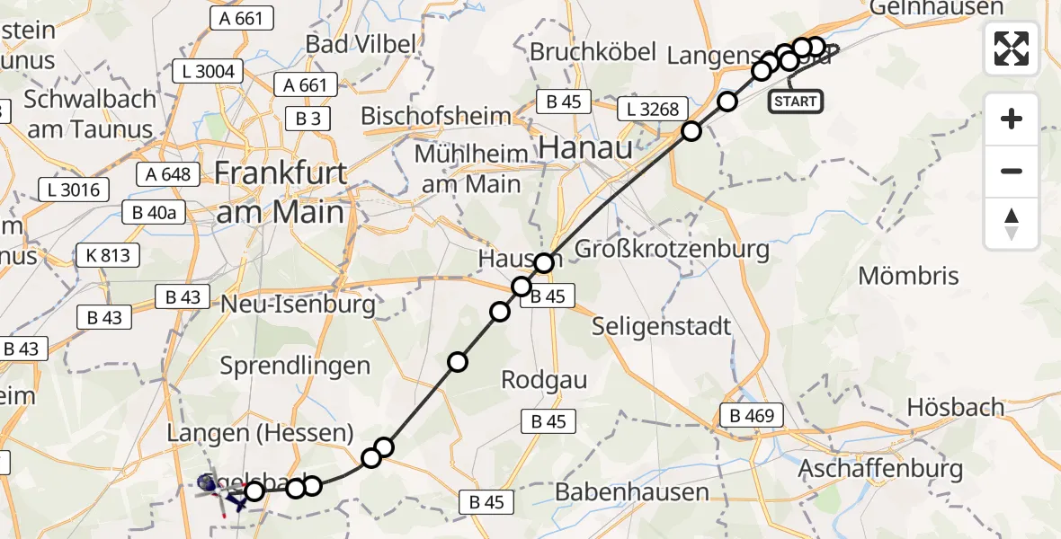 Flugroute Polizeihubschrauber Hasselroth - Flughafen Frankfurt-Egelsbach, 17 Mai 2026, 19:51