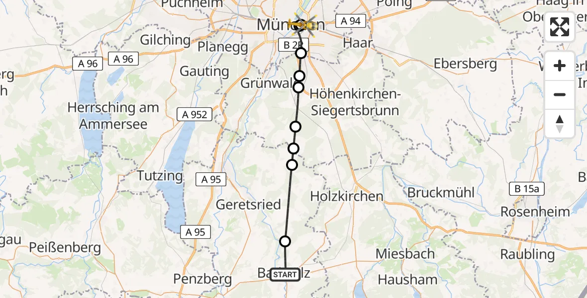 Flugroute Rettungshubschrauber Bad Tölz - Rechts der Isar University Hospital, 17 Mai 2026, 19:52