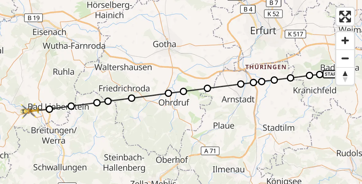Flugroute Ambulanzhubschrauber Bad Berka - Bad Salzungen, 17 Mai 2026, 20:11