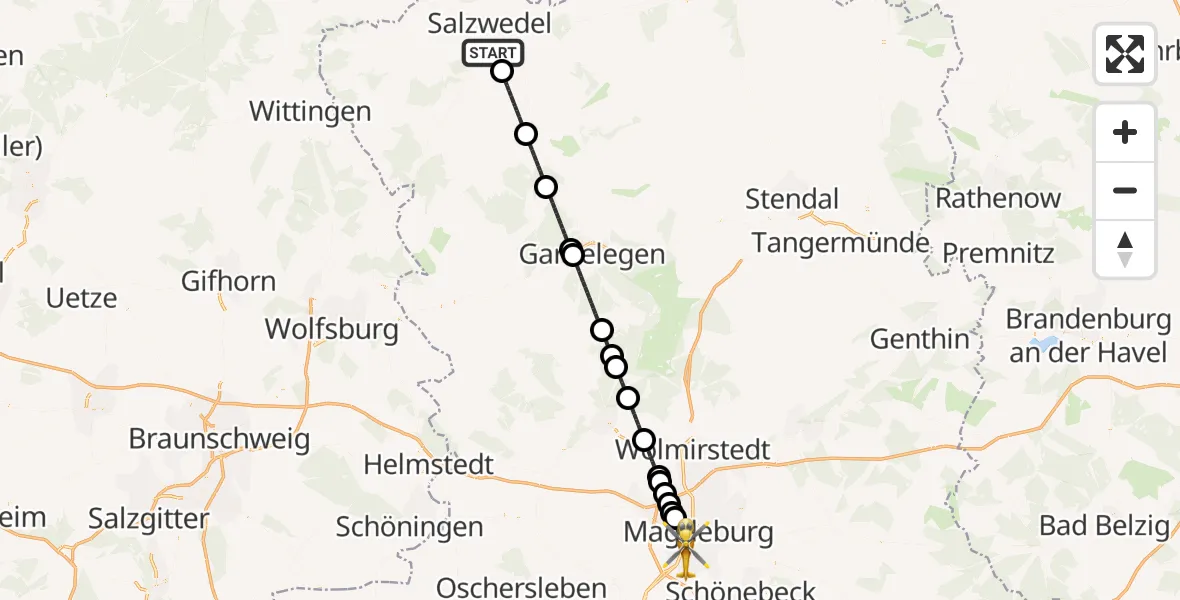 Flugroute Rettungshubschrauber Salzwedel - Magdeburg, 17 Mai 2026, 20:26