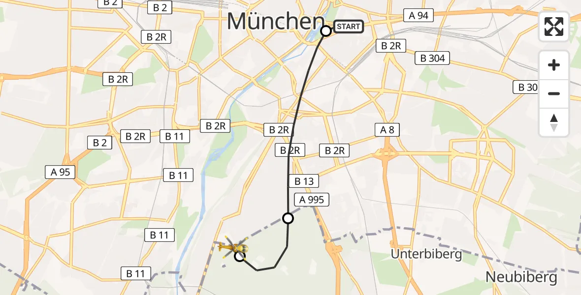 Flugroute Rettungshubschrauber Rechts der Isar University Hospital - ADAC Air Rescue Center Hubschrauberlandeplatz (Christoph 1), 17 Mai 2026, 20:34