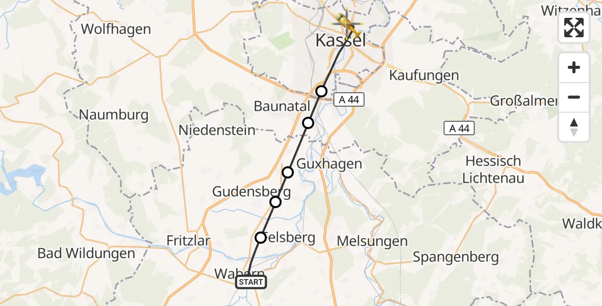 Flugroute Rettungshubschrauber Wabern - Kassel, 17 Mai 2026, 20:37