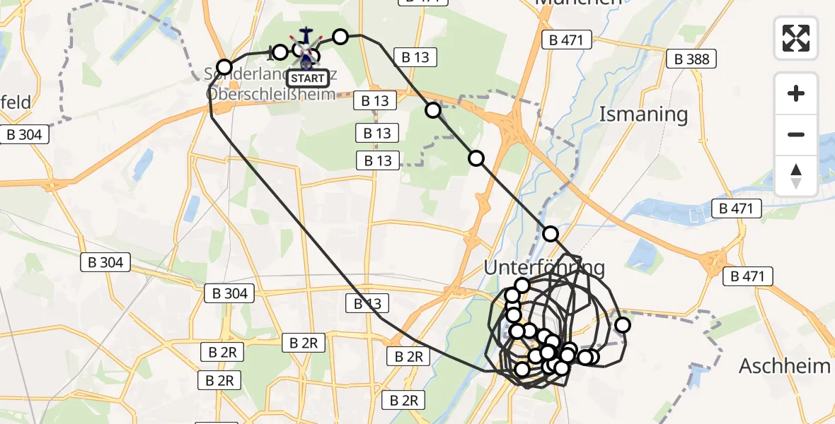 Flugroute Polizeihubschrauber Oberschleißheim - Oberschleissheim Hubschrauberlandeplatz, 17 Mai 2026, 21:04