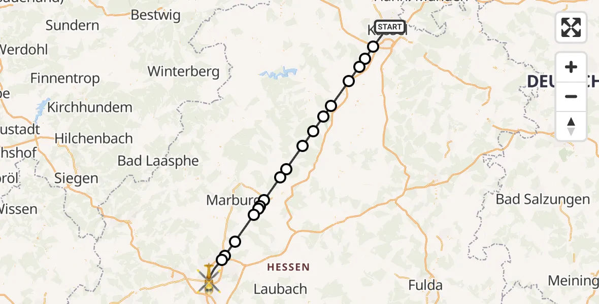 Flugroute Rettungshubschrauber Kassel - Gießen, 17 Mai 2026, 21:23