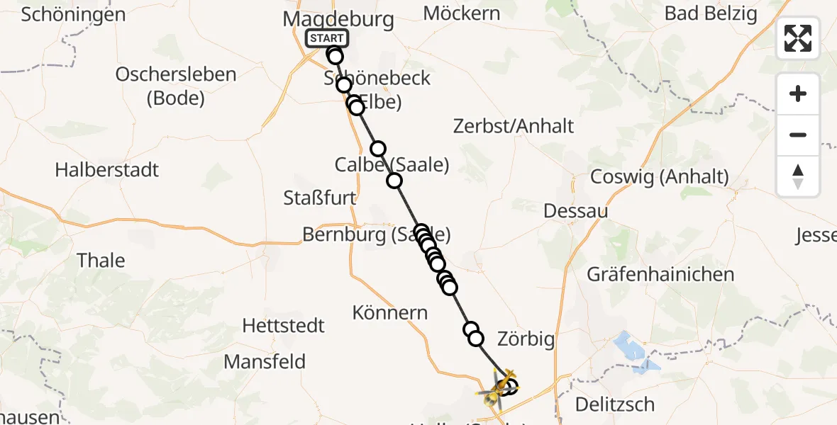 Flugroute Rettungshubschrauber Magdeburg - Halle-Oppin Flugplatz, 17 Mai 2026, 21:29