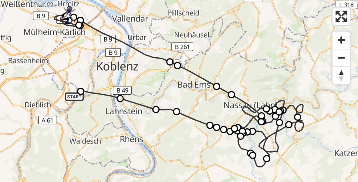 Flugroute Polizeihubschrauber Koblenz-Winningen Flugplatz - Urmitz, 17 Mai 2026, 22:03