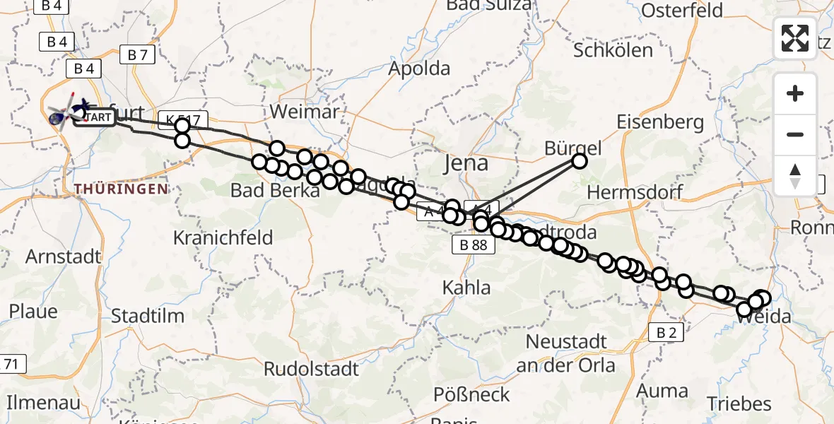 Flugroute Polizeihubschrauber Erfurt - Erfurt-Weimar Flughafen, 17 Mai 2026, 22:26