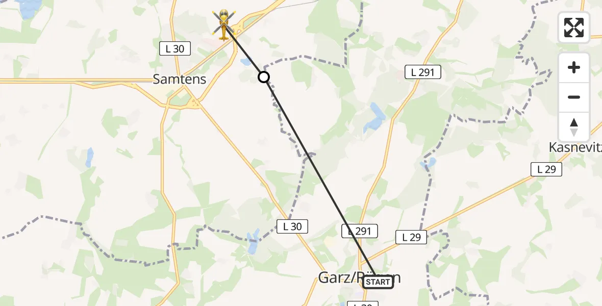 Flugroute Ambulanzhubschrauber Garz/Rügen - Samtens, 17 Mai 2026, 22:28