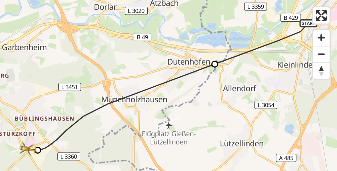 Flugroute Rettungshubschrauber Gießen - Lahn-Dill Clinic Wetzlar Hubschrauberlandeplatz, 17 Mai 2026, 22:43