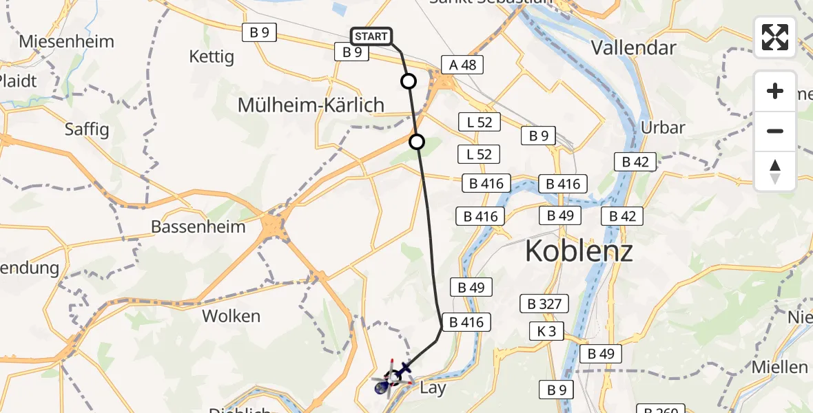Flugroute Polizeihubschrauber Urmitz - Koblenz-Winningen Flugplatz, 18 Mai 2026, 00:04