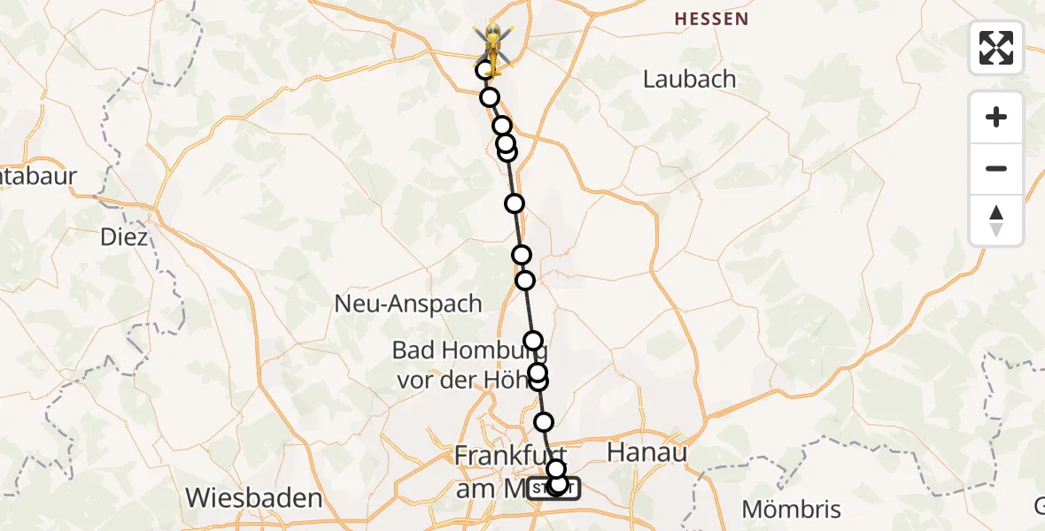 Flugroute Rettungshubschrauber Sana Hospital Offenbach - Gießen, 18 Mai 2026, 00:09