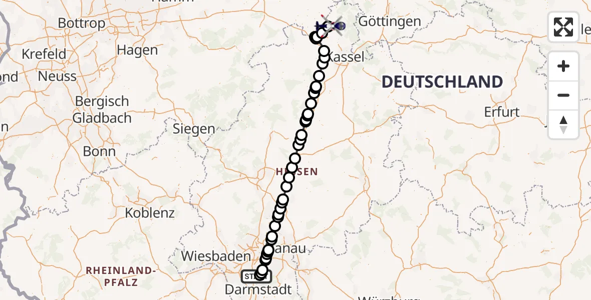 Flugroute Polizeihubschrauber Flughafen Frankfurt-Egelsbach - Hofgeismar, 18 Mai 2026, 01:48