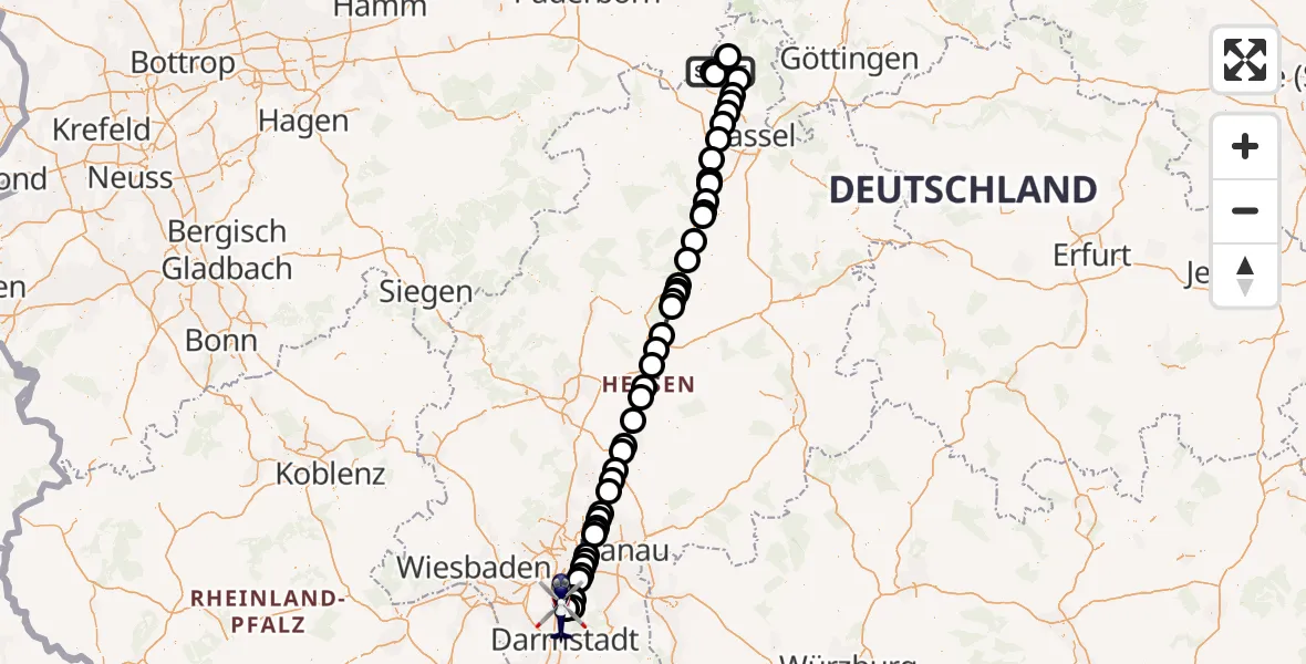 Flugroute Polizeihubschrauber Hofgeismar - Flughafen Frankfurt-Egelsbach, 18 Mai 2026, 02:54