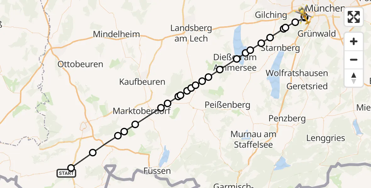 Flugroute Rettungshubschrauber Immenstadt i.Allgäu - DRF Air Rescue München Hubschrauberlandeplatz, 18 Mai 2026, 03:32