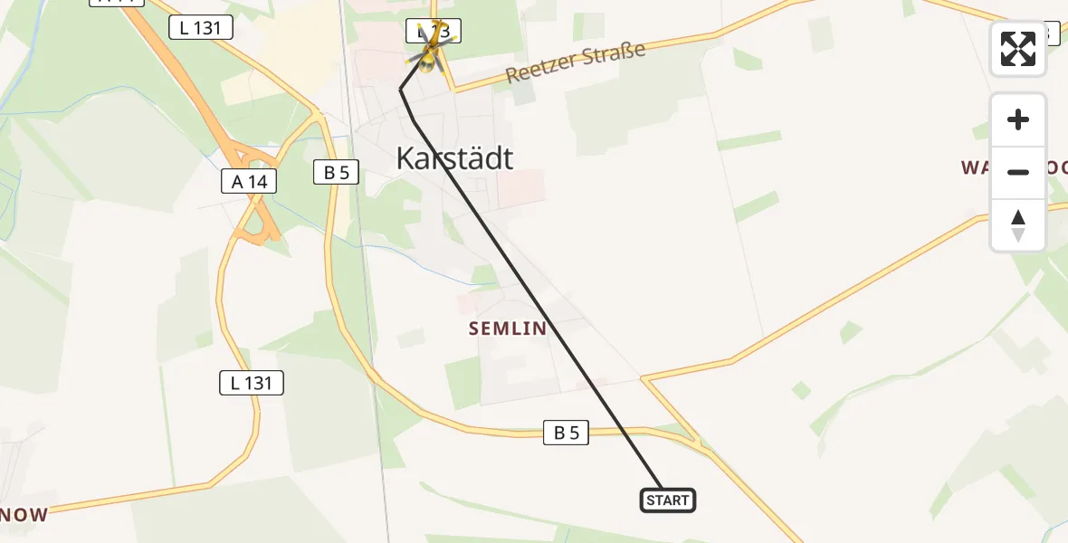 Flugroute Rettungshubschrauber Karstädt - Karstädt, 18 Mai 2026, 05:09