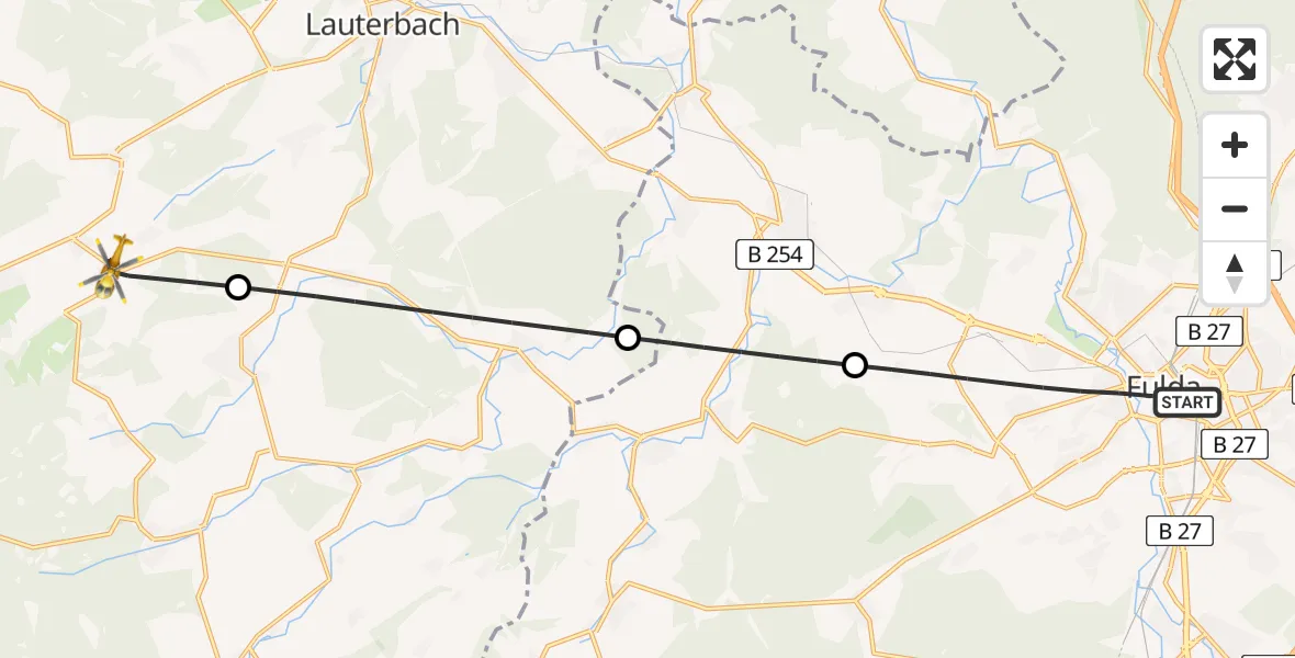Flugroute Rettungshubschrauber Fulda - Lautertal (Vogelsberg), 18 Mai 2026, 05:13