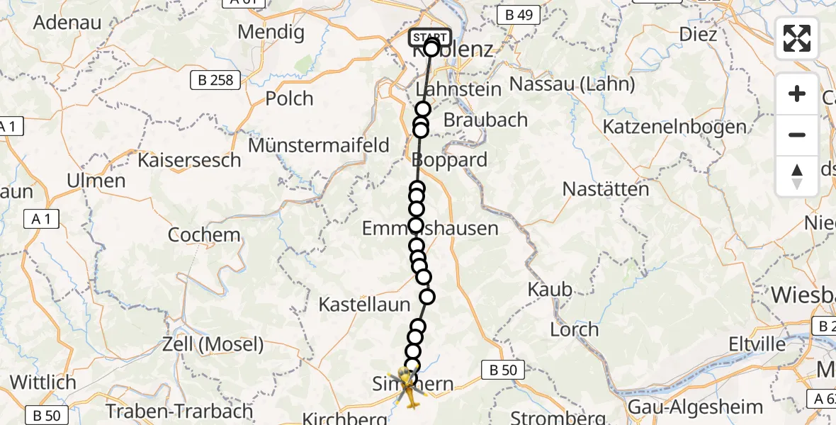Flugroute Rettungshubschrauber Koblenz - Simmern/Hunsrück, 18 Mai 2026, 05:17