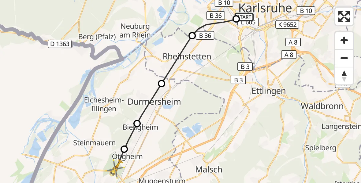 Flugroute Rettungshubschrauber Sankt Vincentius Hospital - Rastatt, 18 Mai 2026, 05:41