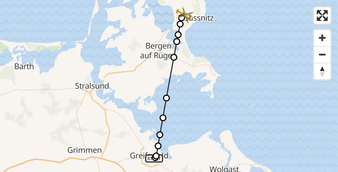 Flugroute Rettungshubschrauber Greifswald Hospital - Sagard, 18 Mai 2026, 05:52
