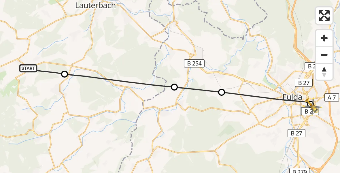 Flugroute Rettungshubschrauber Lautertal (Vogelsberg) - Fulda Hospital, 18 Mai 2026, 05:59