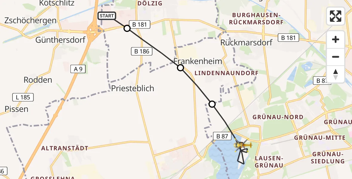 Flugroute Rettungshubschrauber ADAC Air Rescue Station Leipzig/Schkeuditz-Dölzig Hubschrauberlandeplatz (Christoph 61) - Leipzig, 18 Mai 2026, 06:01