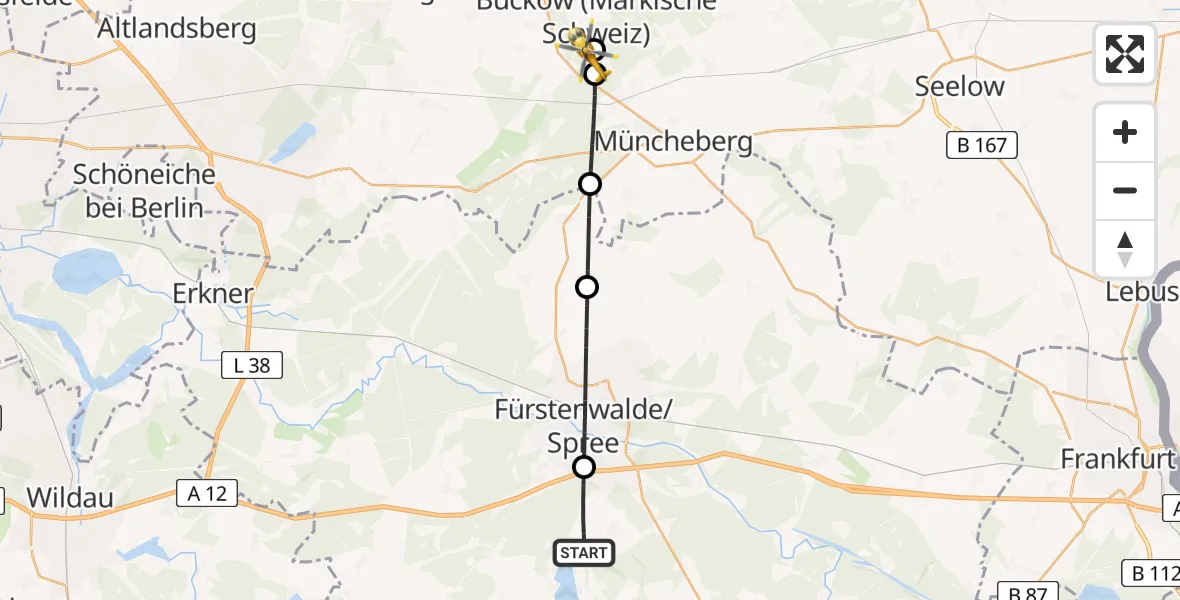 Flugroute Rettungshubschrauber Bad Saarow - Waldsieversdorf, 18 Mai 2026, 06:05