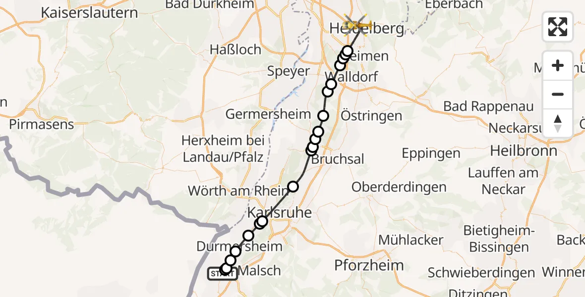 Flugroute Rettungshubschrauber Rastatt Flugplatz - Heidelberg, 18 Mai 2026, 06:07
