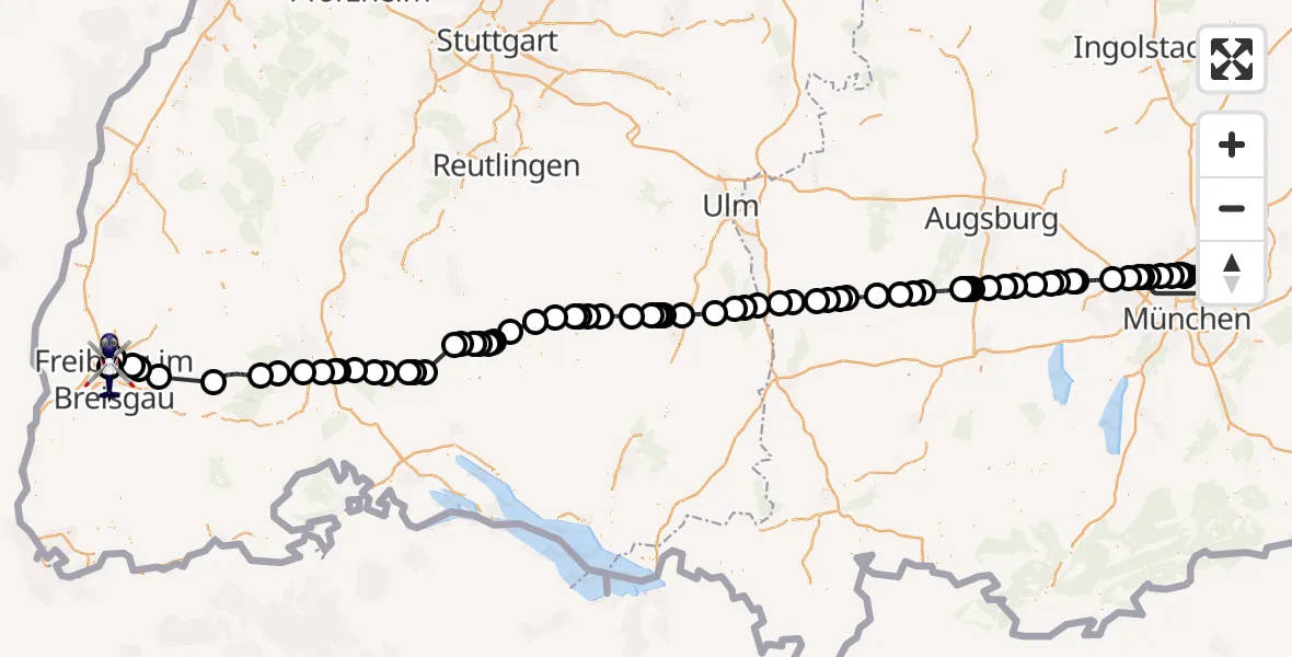 Flugroute Polizeihubschrauber Oberschleißheim - Freiburg im Breisgau Flugplatz, 18 Mai 2026, 06:14