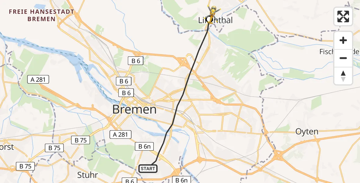 Flugroute Rettungshubschrauber Bremen - Lilienthal, 18 Mai 2026, 06:30