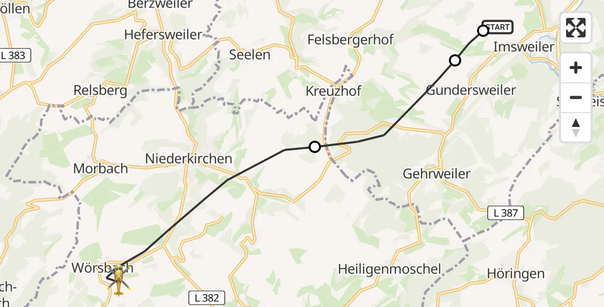 Flugroute Rettungshubschrauber Imsweiler UL - Niederkirchen, 18 Mai 2026, 06:33