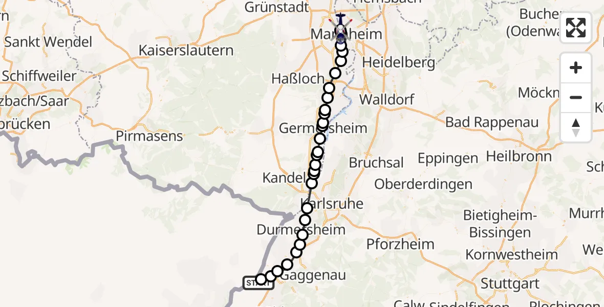 Flugroute Polizeihubschrauber Karlsruhe Baden-Baden Flughafen - Mannheim, 18 Mai 2026, 06:37
