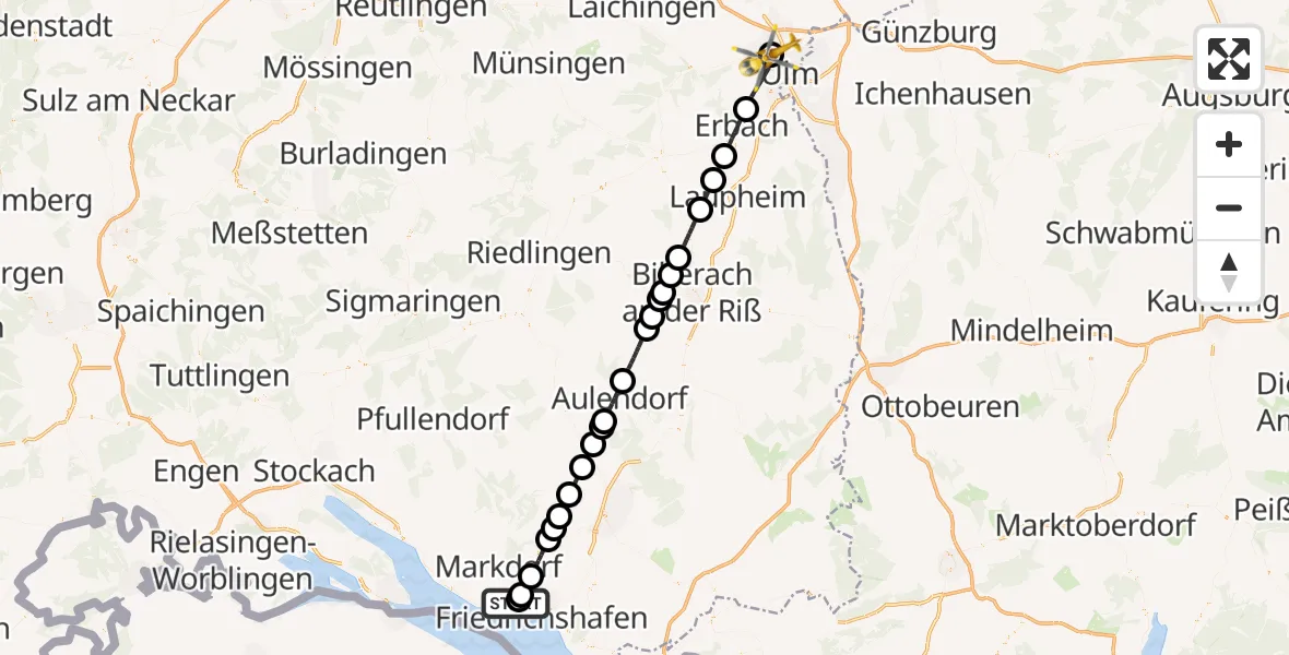 Flugroute Rettungshubschrauber Friedrichshafen Hospital - Ulm Military Hospital Emergency Hubschrauberlandeplatz, 18 Mai 2026, 06:40