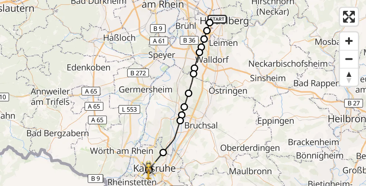 Flugroute Rettungshubschrauber Heidelberg - Sankt Vincentius Hospital, 18 Mai 2026, 06:59
