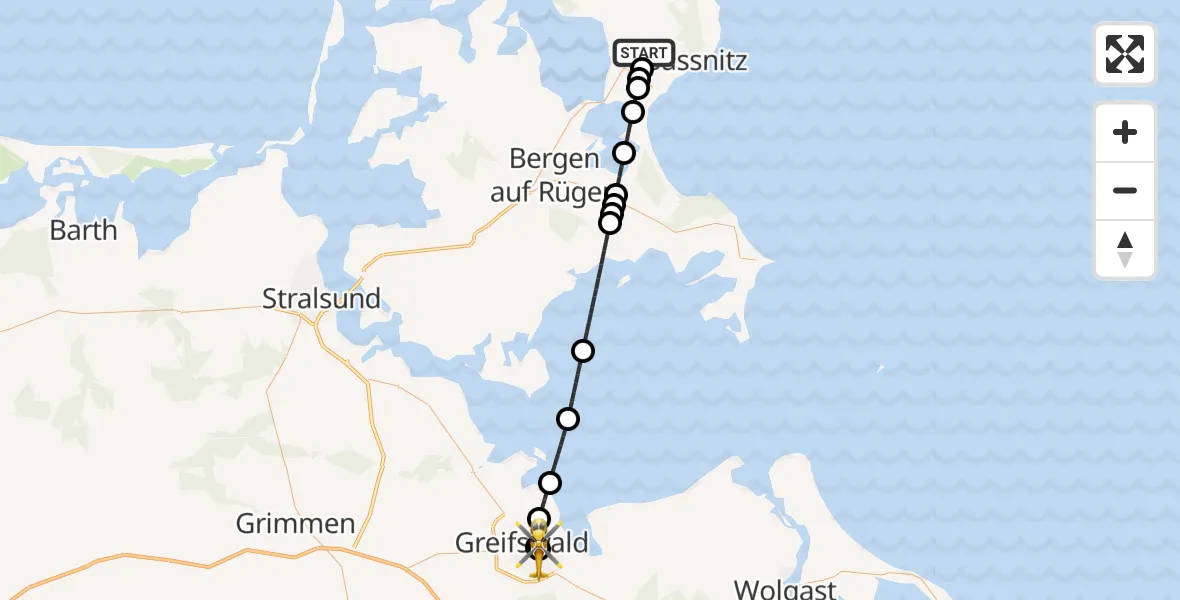 Flugroute Rettungshubschrauber Sagard - Greifswald Hospital, 18 Mai 2026, 07:00