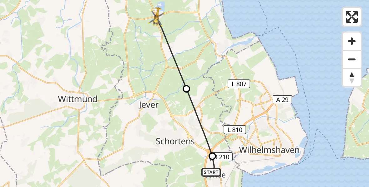 Flugroute Rettungshubschrauber Sande - Wangerland, 18 Mai 2026, 07:00