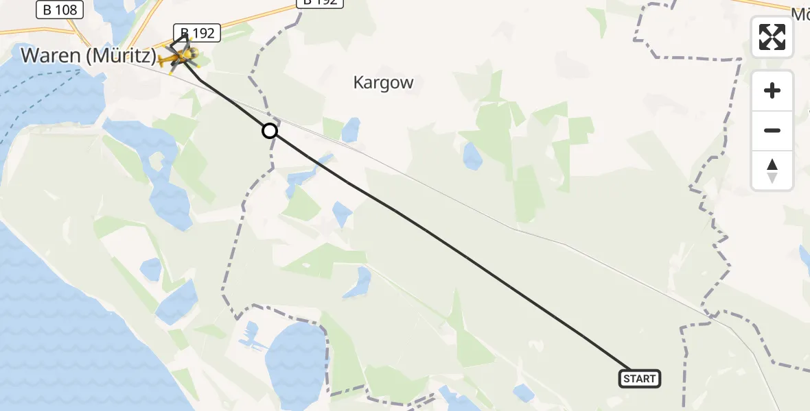 Flugroute Rettungshubschrauber Kargow - Waren (Müritz), 18 Mai 2026, 07:03