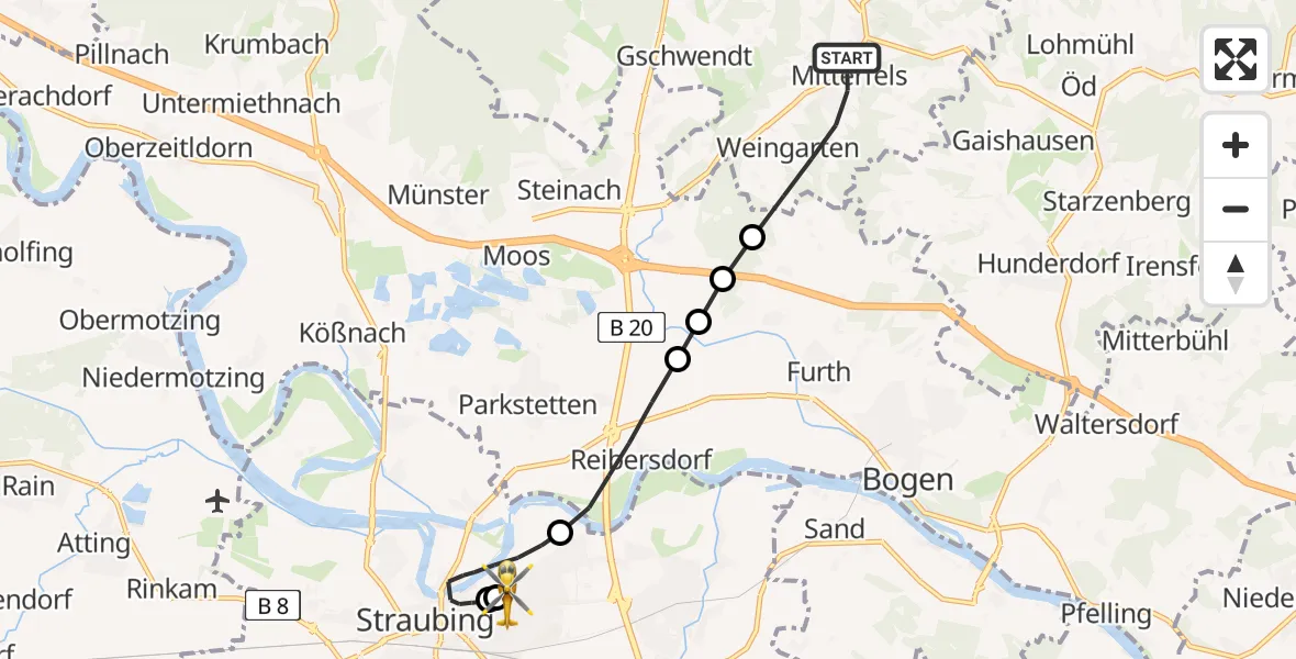 Flugroute Rettungshubschrauber Mitterfels - Sankt Elisabeth Hospital Straubing, 18 Mai 2026, 07:04
