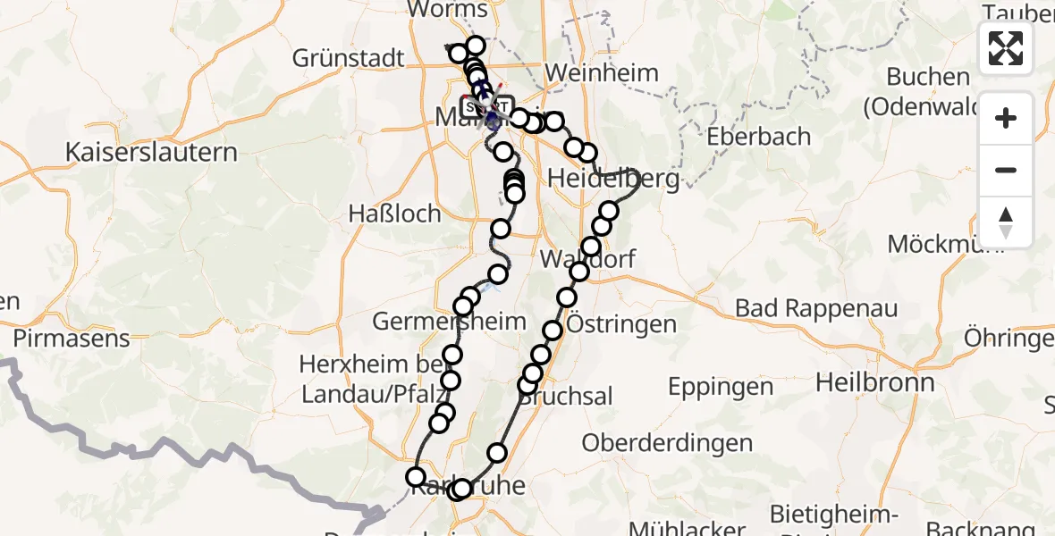 Flugroute Polizeihubschrauber Mannheim - Mannheim, 18 Mai 2026, 07:07