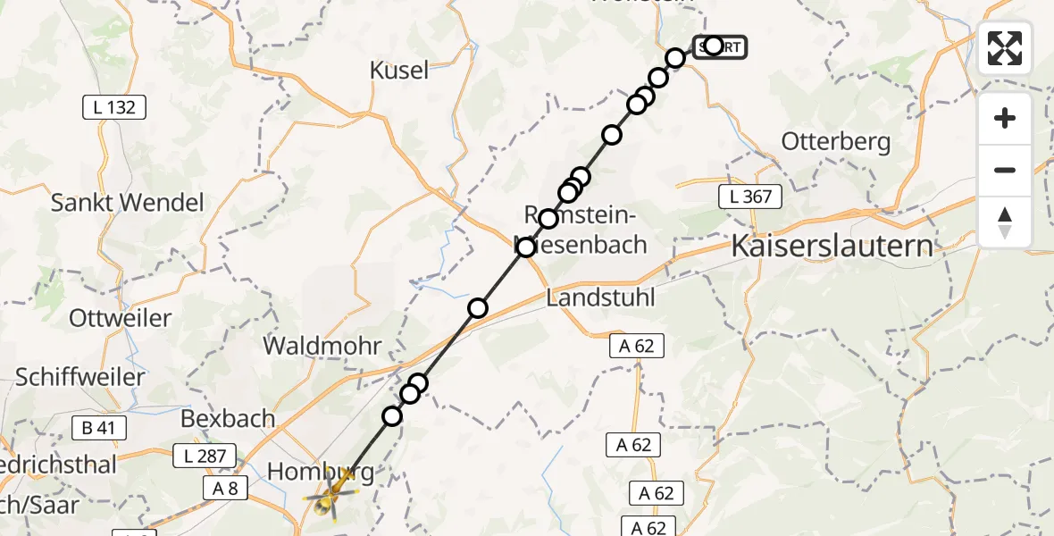 Flugroute Rettungshubschrauber Niederkirchen - Homburg, 18 Mai 2026, 07:10