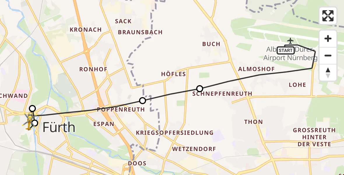 Flugroute Ambulanzhubschrauber Flughafen Nuremberg - Fürth, 18 Mai 2026, 07:11