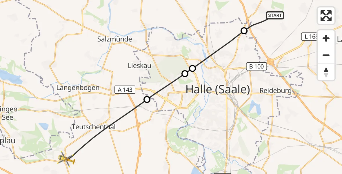 Flugroute Rettungshubschrauber Landsberg - Teutschenthal, 18 Mai 2026, 07:16