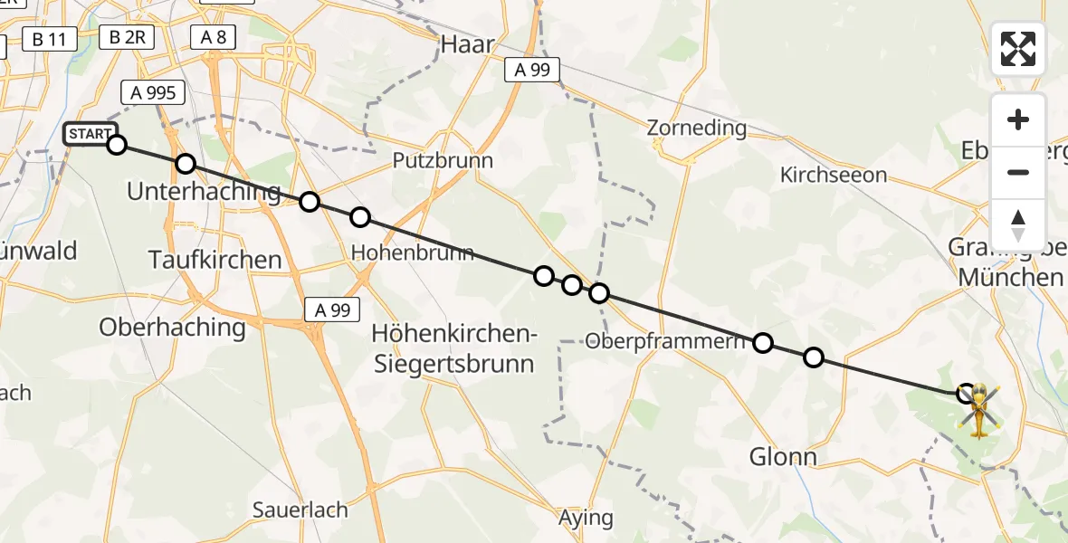 Flugroute Rettungshubschrauber ADAC Air Rescue Center Hubschrauberlandeplatz (Christoph 1) - Aßling, 18 Mai 2026, 07:18