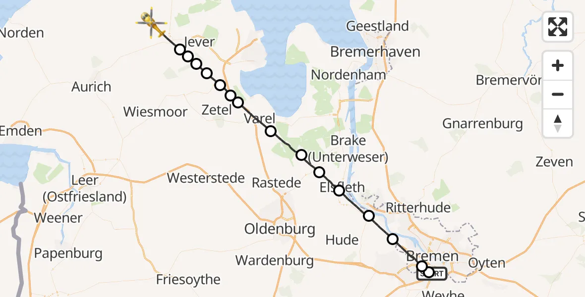 Flugroute Rettungshubschrauber Bremen - Wittmund, 18 Mai 2026, 07:32