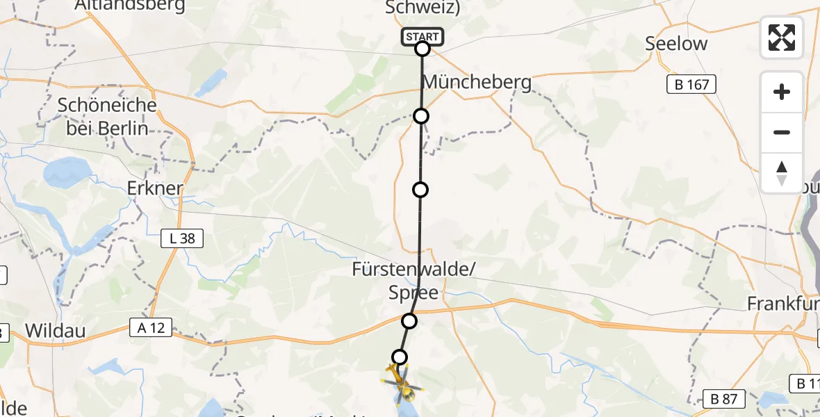 Flugroute Rettungshubschrauber Waldsieversdorf - Bad Saarow, 18 Mai 2026, 07:35