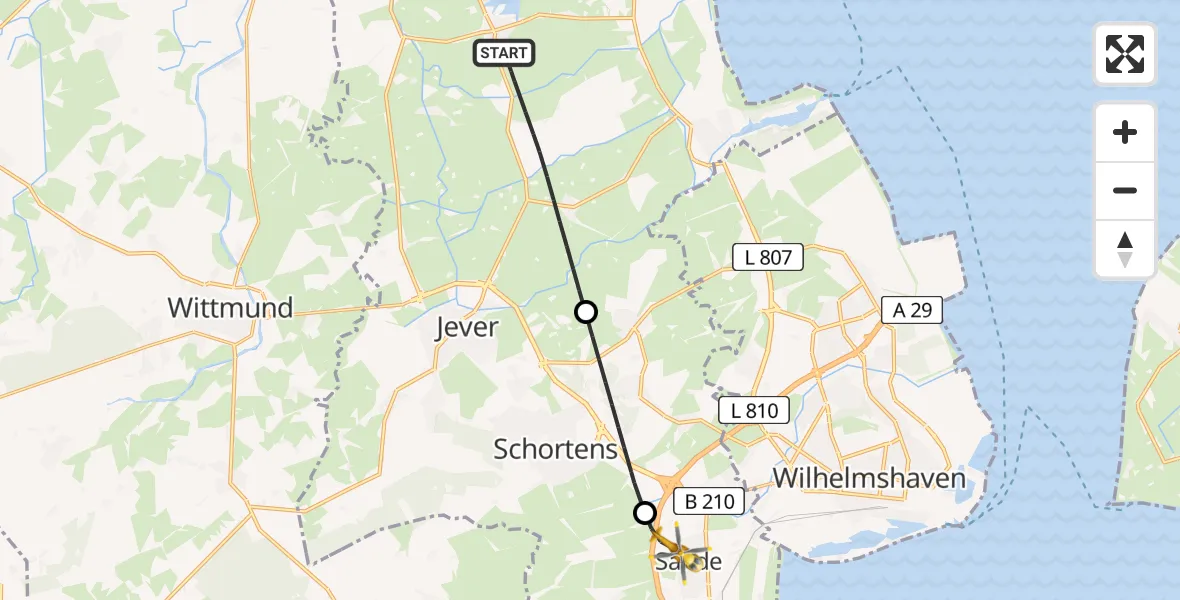 Flugroute Rettungshubschrauber Wangerland - Sande, 18 Mai 2026, 07:36