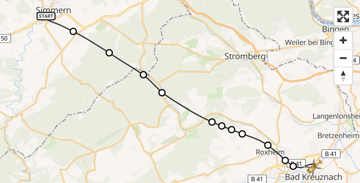 Flugroute Rettungshubschrauber Simmern/Hunsrück - Bad Kreuznach, 18 Mai 2026, 07:39