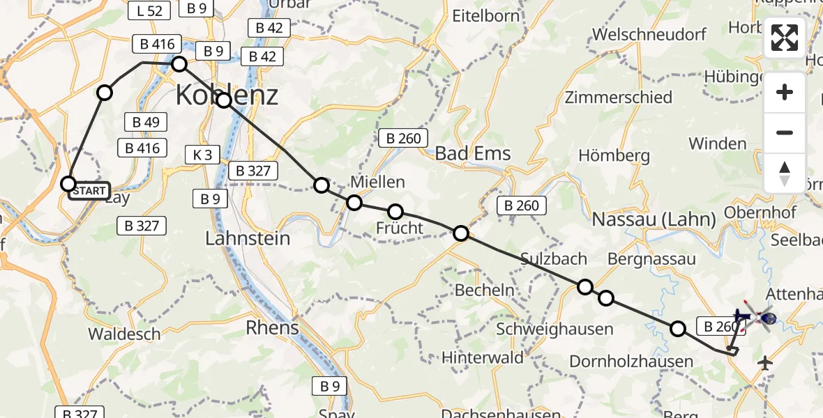 Flugroute Polizeihubschrauber Koblenz-Winningen Flugplatz - Singhofen, 18 Mai 2026, 07:45