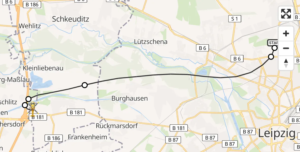 Flugroute Rettungshubschrauber Sankt Georg Hospital Leipzig Reserve - ADAC Air Rescue Station Leipzig/Schkeuditz-Dölzig Hubschrauberlandeplatz (Christoph 61), 18 Mai 2026, 07:45